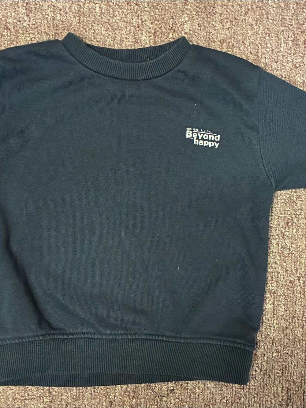 Zara Black Kids Crewneck Sweatshirt with Small White "Beyond happy" Logo